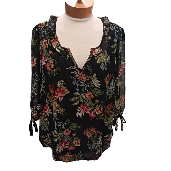 Tamara H Womens Blouse 2X Black Floral Ruffled Neckline Sheer 3/4 Sleeve Spring - Picture 1 of 7